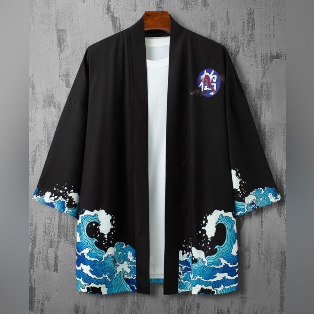 Men Wave & Crane Print Drop Shoulder Kimono
